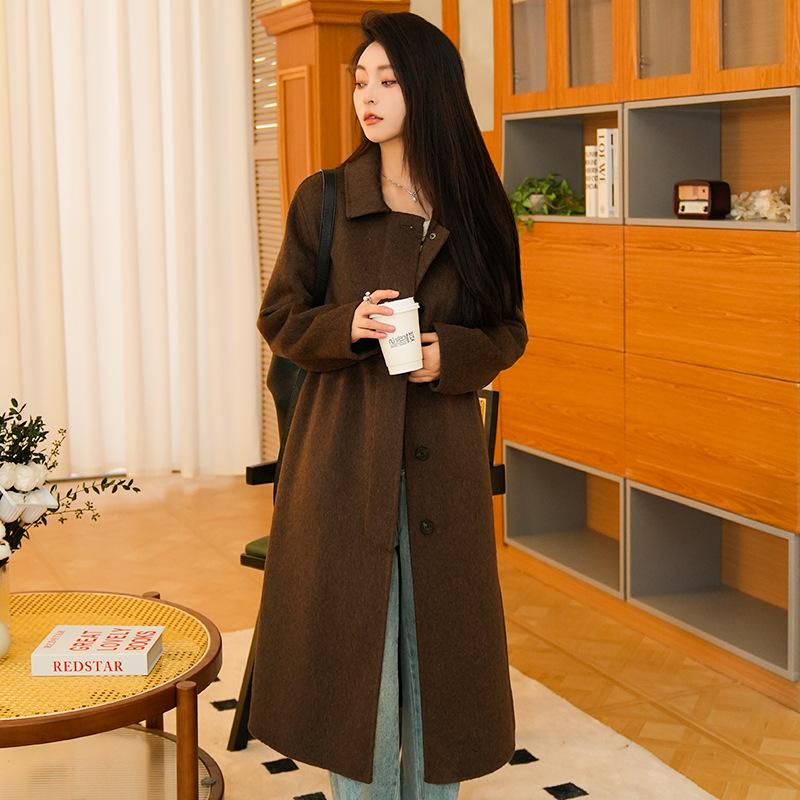 

Минималистичное двустороннее шерстяное пальто женское осенне-зимнее пальто высокого класса длинное пальто с характером 23158 M какао