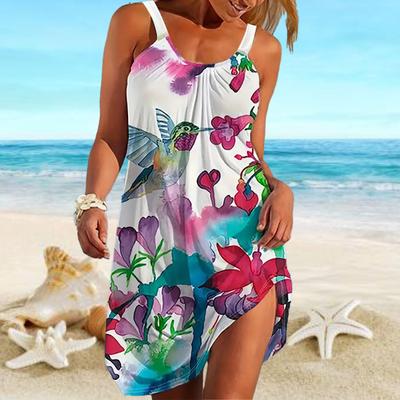 Sukienka Mini Plażowa z Nadrukiem, Łączona, Modna i Piękna, Casualowa, Nowoczesna, Bez Rękawów, Luźny Krój, Na Zewnątrz, Codzienna, Letnia