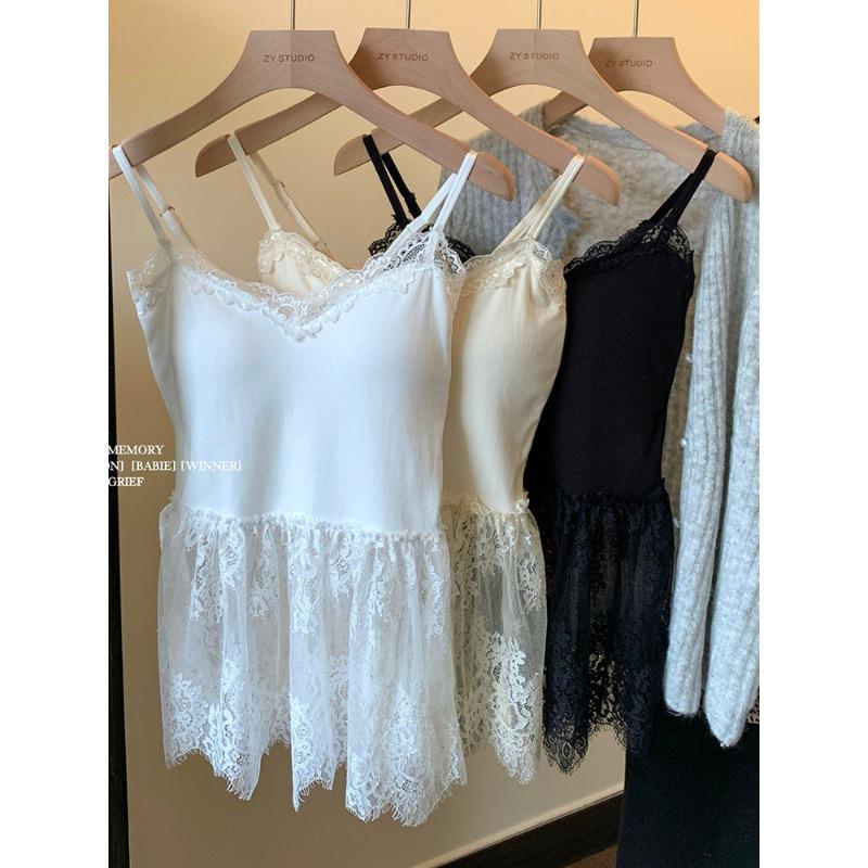 Winter 2024 Women's Lace Slip Dress - Sleeveless, Layered, Waist-Hugging with Bow