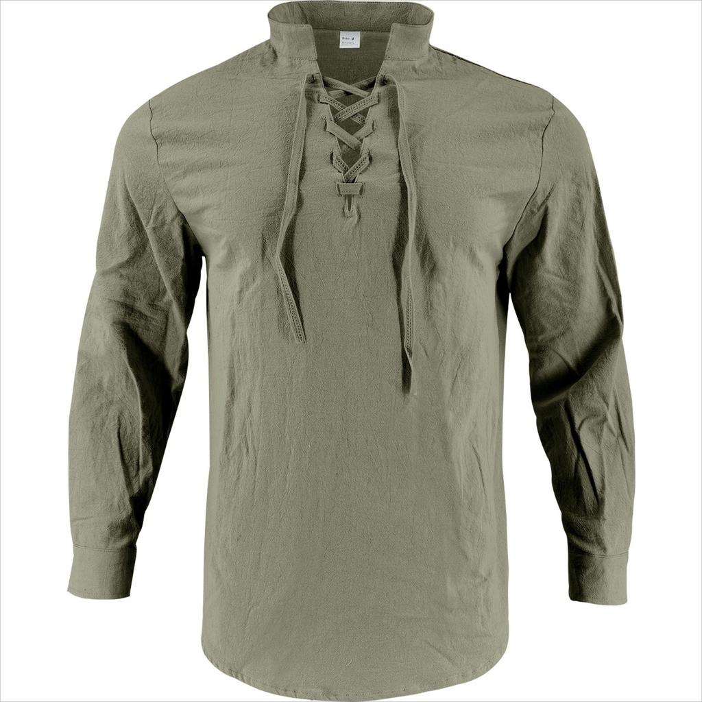 Men's Vintage V-neck T-shirt Cotton Linen Pirate Medieval Viking Gothic Tops Shirts Long Sleeved Cospaly Halloween Party Top