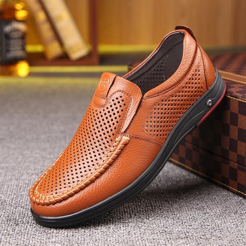 Fashion Men Large Size Hollow Soft Leather Sandals Hollow Breathable Casual Men Shoes Trendy Slip On Dad Leather Shoes for Men