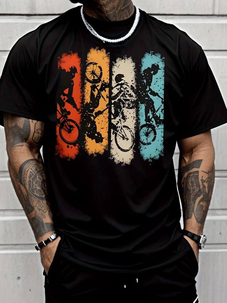 Vintage BMX Stunt Bike Silhouette Unisexs Tee Retro Color Block Graphic Cotton Short Sleeve Loose Outdoor Sports Daily Street Tops