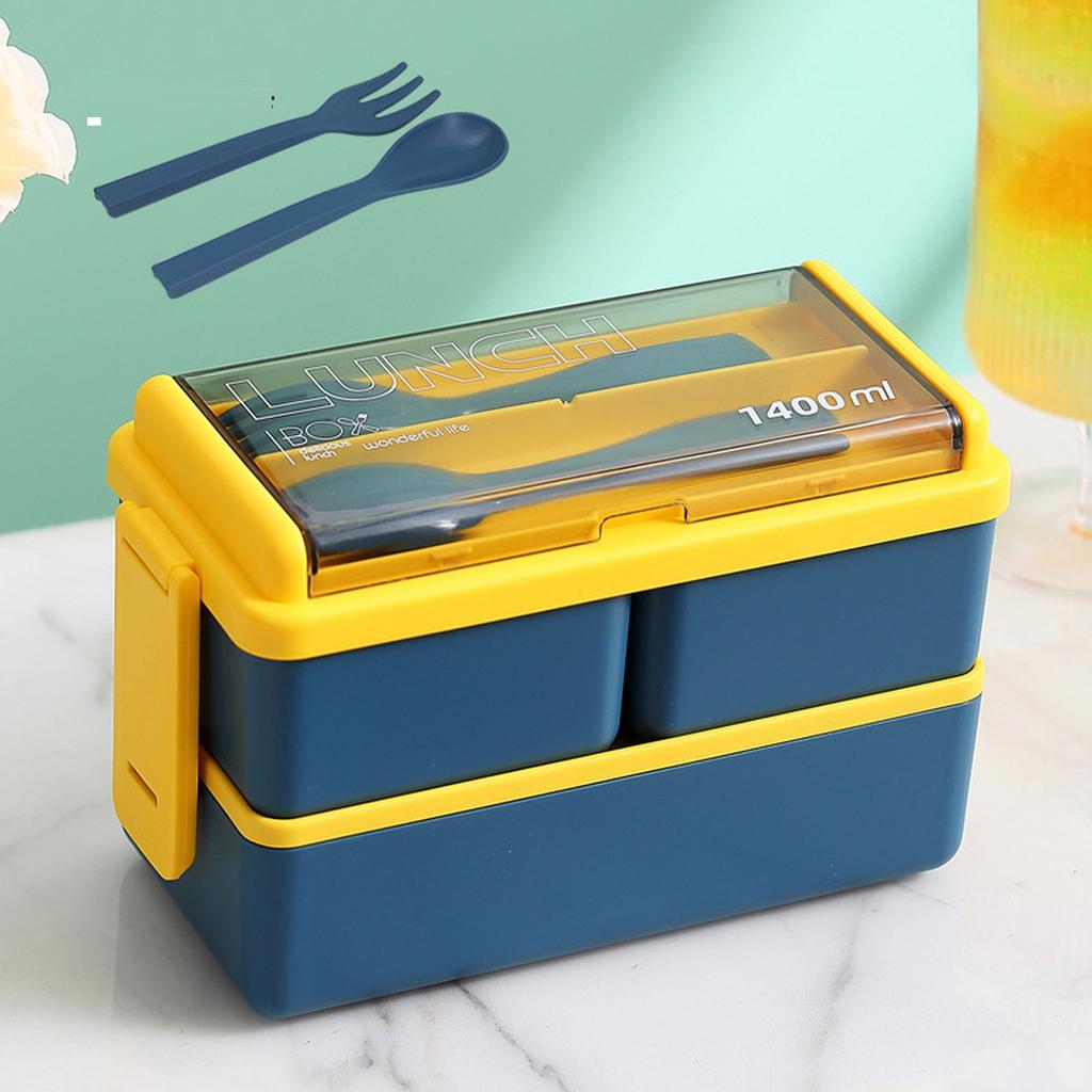Double Layer Plastic Bento Lunch Box with Utensils Microwave Safe Leakproof Food Storage Container for Office School Meal Prep 1400ml