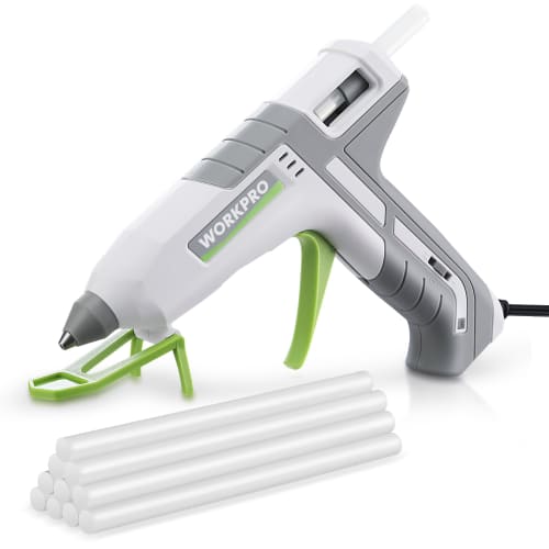 WORKPRO Glue Gun, 100W, with 10 Sticks, Two-Level Adjustment, Lightweight, Quick-Drying, Leak and Burn Prevention, Stand Included, PTC Heating System,