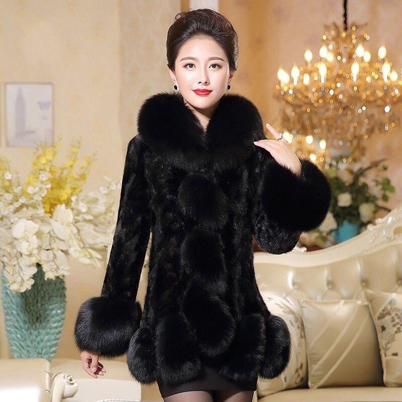 

Утолщенная зимняя шуба из искусственной норки с воротником из меха лисы и куртка для женщин XXL чёрный