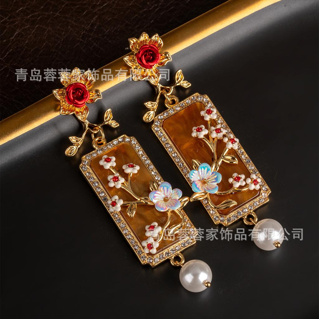 Middle Ancient New Chinese Style Palace Relief Flower Square Brand Earrings Long Temperament Heavy Industry Enamel Available Purchase