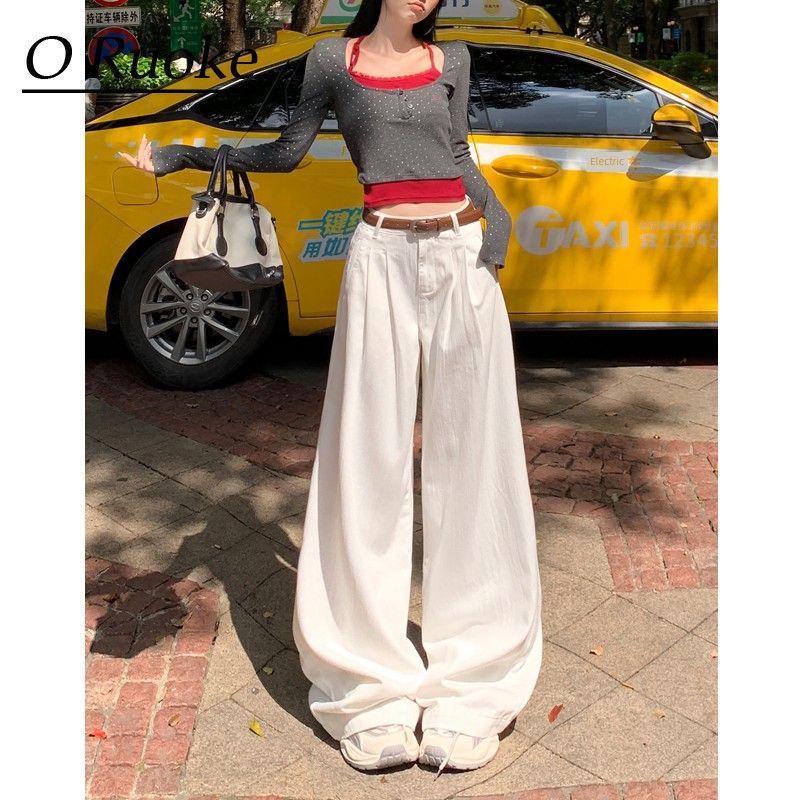 

Белые джинсы широкого кроя женские BF праздный стиль высокая талия плиссированные свободные стройнящие и прямые классические драпированные брюки-швабры White Long XL