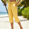Damen Capri-Hose mit hohem Bund und Kordelzug Locker Gerade Karomuster Baumwoll-Leinen-Mischung Tasche Vintage Sommer Lässig Cropped Hose