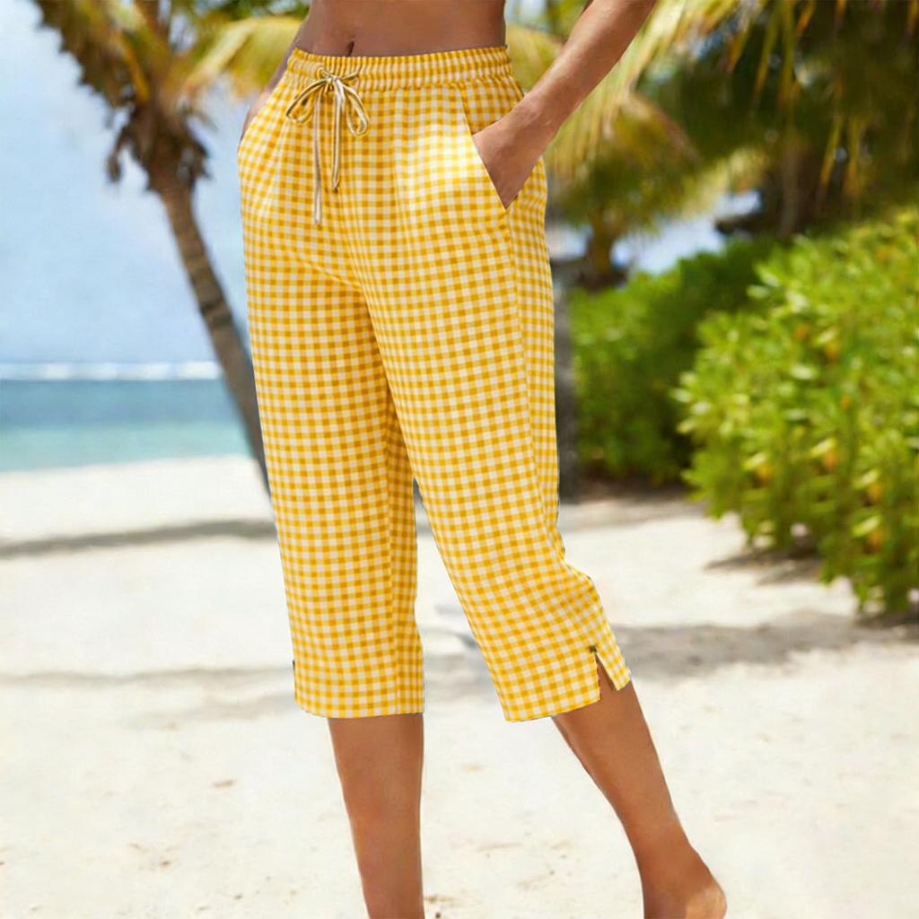 Damen Capri-Hose mit hohem Bund und Kordelzug Locker Gerade Karomuster Baumwoll-Leinen-Mischung Tasche Vintage Sommer Lässig Cropped Hose