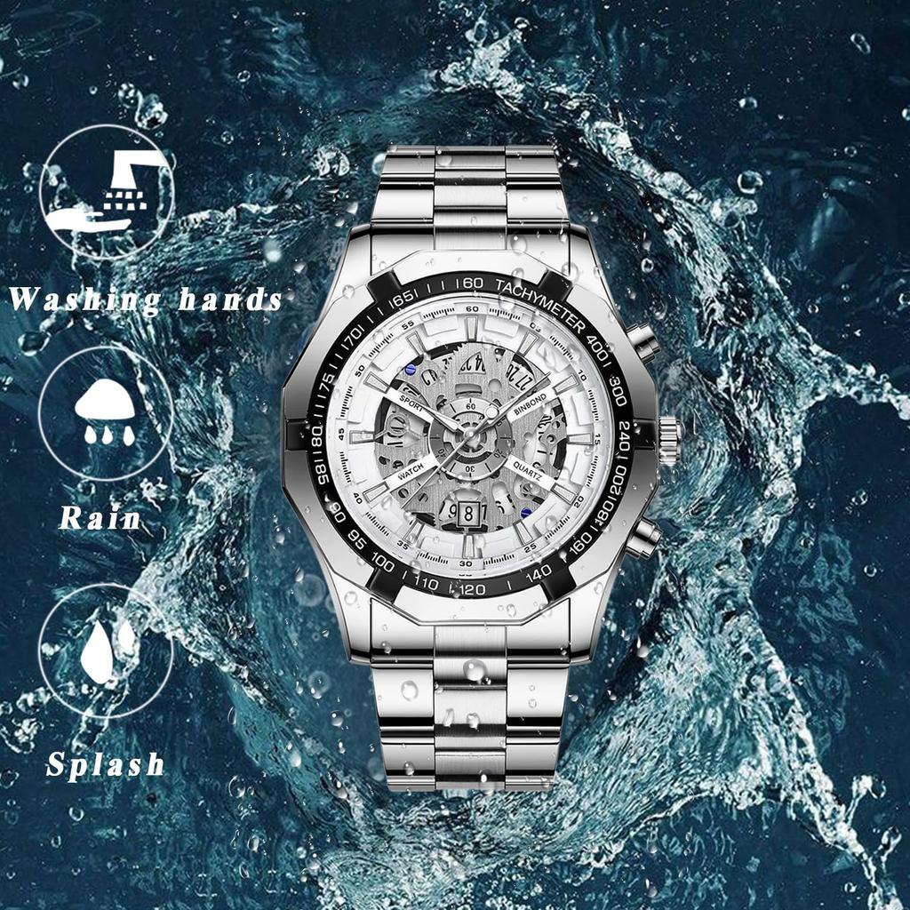 Silver Watch with 3ATM Water Luminous Analog Stainless Stylish Quartz Fashion Accessory Perfect for or As a Boyfriend Gift Men's Calendar, Resistance,