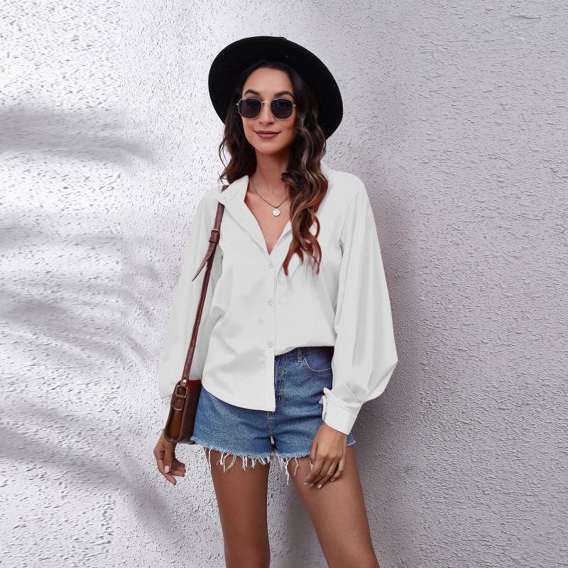 Spring Stand Up Collar Lantern Sleeve Shirt Women's Solid Color Long Sleeved Shirt Chiffon Shirt Blouses & Shirts