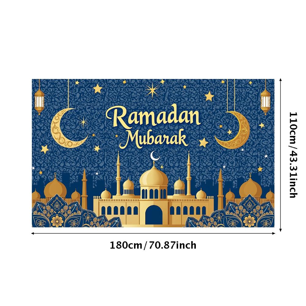 Crescent Moon Banner Blue Background Ramadan Mubarak Banner Ramadan Party Polyester Material Islamic Decoration For Holiday