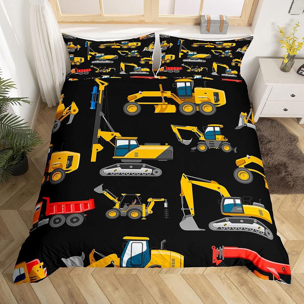 Bagger Königin Bettbezug Cartoon Baufahrzeug Bettwäsche-Set für Kinder Jungen Mädchen Traktor 2/3-teilig Polyester Bettdeckenbezug
