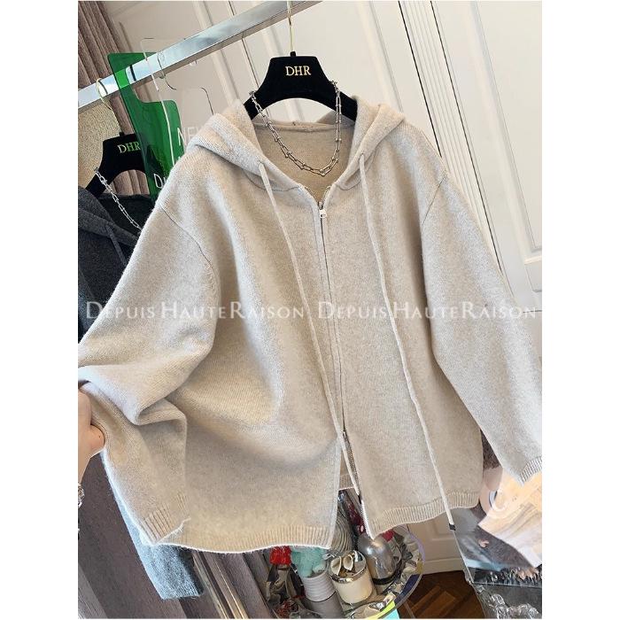 2025 Autumn/Winter Plus Size Korean Style Double-Zipper Hooded Sweater for Women XXXL бежевый