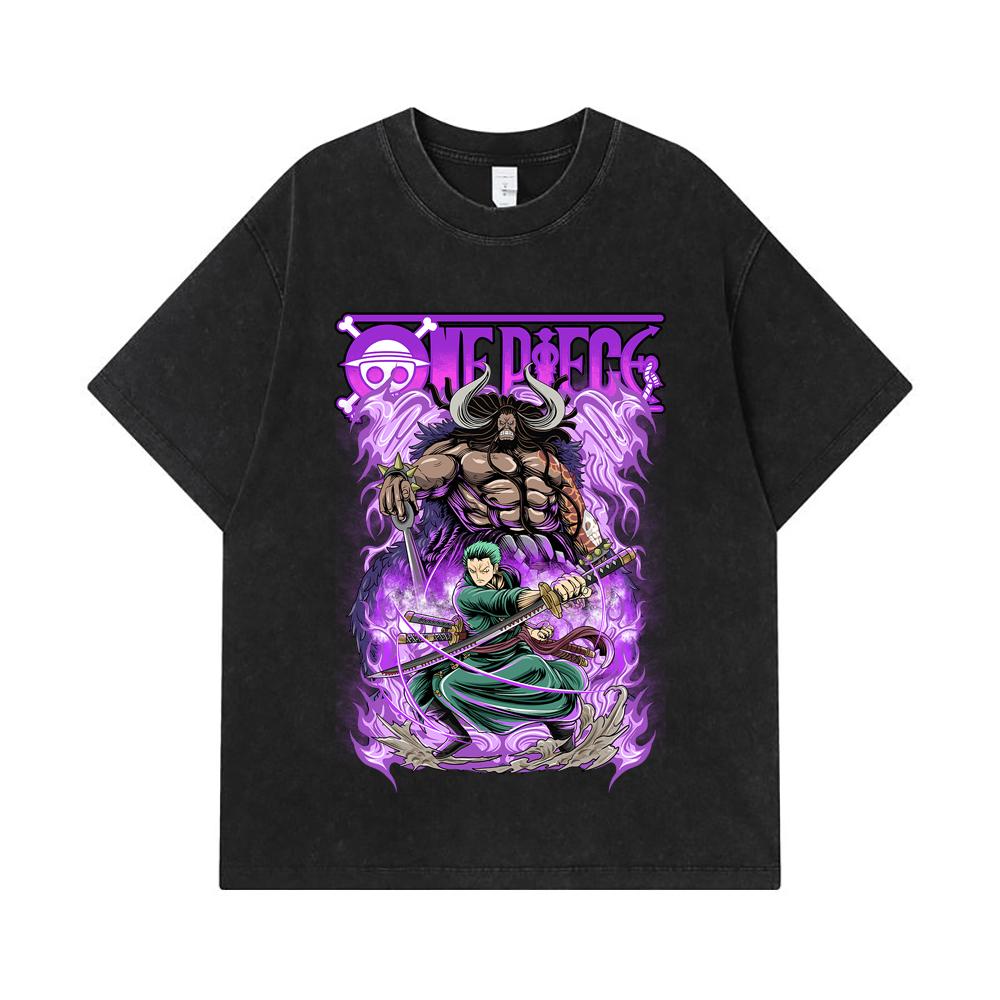T-shirts Lavés 275 GSM 100% Coton Pièce Unique V32 Impression Zoro Kaido Unisexe T-shirt Lourd en Coton