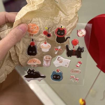 1 lámina de resina epoxi 3D transparente con calcomanías Ins Lindo gato negro de dibujos animados en relieve de gelatina Pegatina DIY para fundas de teléfono, laptop y tableta