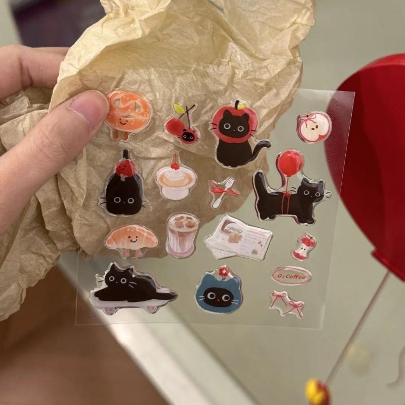 1 Blatt 3D Epoxidharz Transparente Aufkleber Ins Niedliche Schwarze Katze Cartoon Gelee Relief Aufkleber DIY Handyhüllen Laptop Tablet Deko