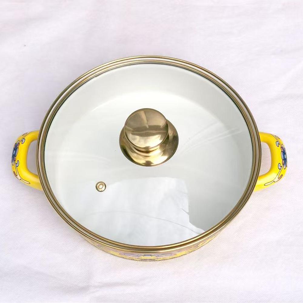 Porcelain enameled soup pot, Double-ear glass lid stew pot, High-capacity flat pan with lid, Noodle seafood pot, 1.6/2.6L
