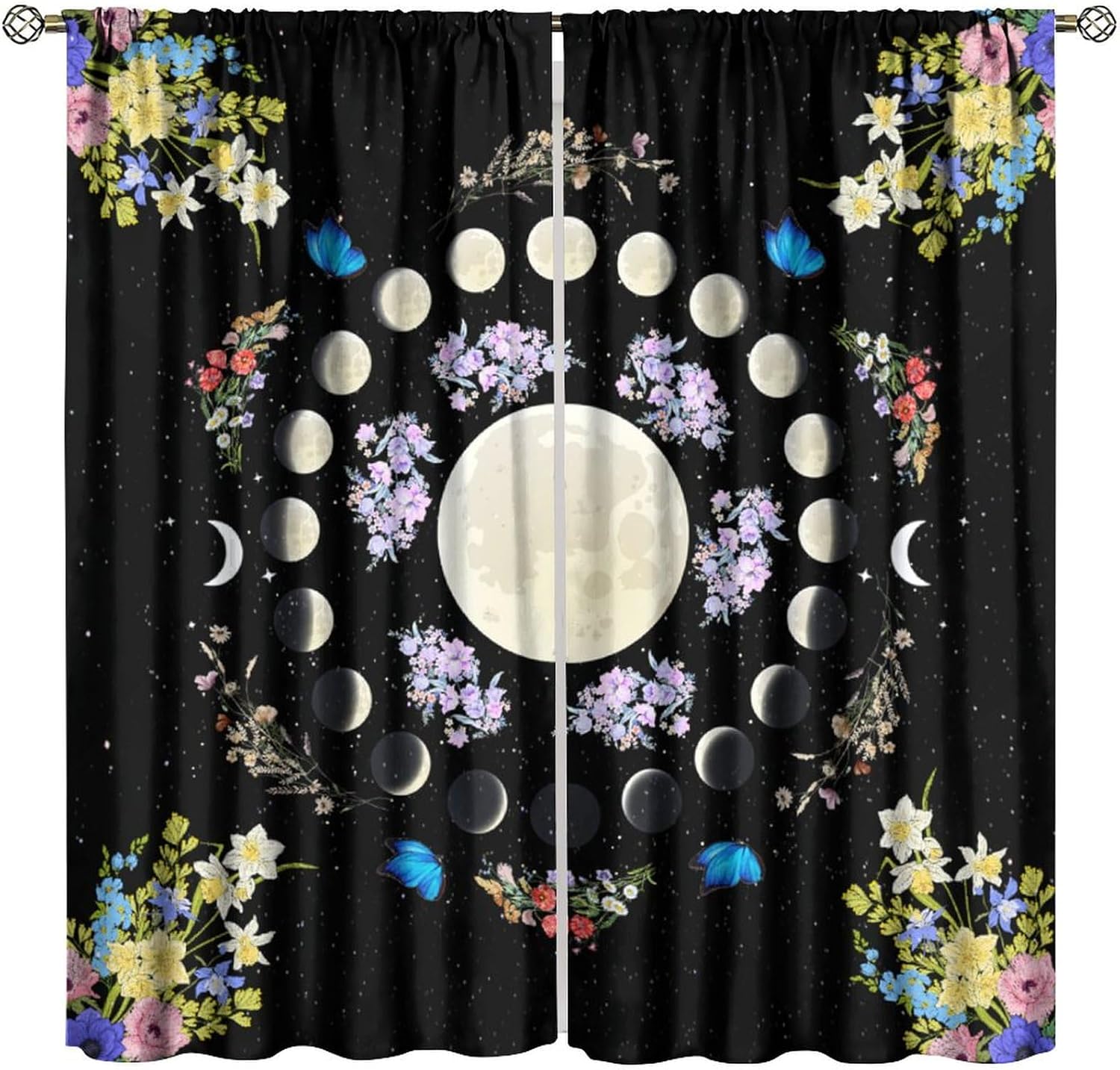 

Bohemian Butterfly Moon Floral Curtains Vintage Mandala Flower Leaves Plants Gothic Window Drapes Living Room Bed Darkening Polyester Great Decor W100*H70(CM)-Hooks&2PCS