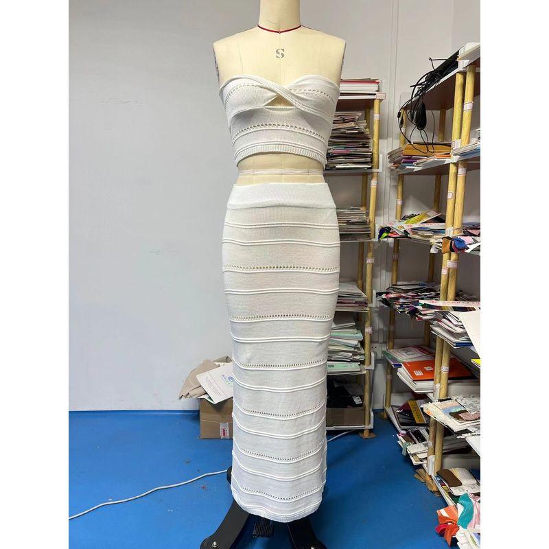 

European and American Sexy Hollow-out Knitted Tube Top Skirt Beach Suit Knitted Strapless Skirt Set White L