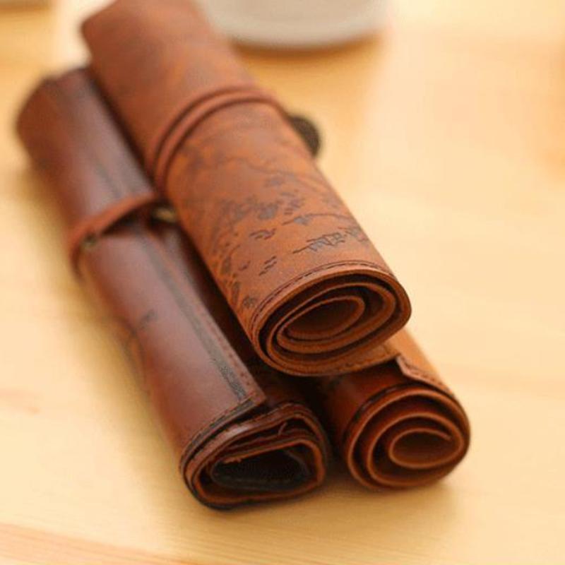 Leather Roll-Up Pouch W/ Embossed Buckle Vintage Treasure Map Pencil Case Large Capacity School Office Organizer