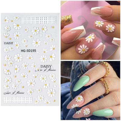 Flower Nail Art Stickers 7 Sheets 5D Nail Decals Spring Summer Nails Art Design 3D Self-Adhesive Supplies White Yellowe Daisy Flower Nails Decoration