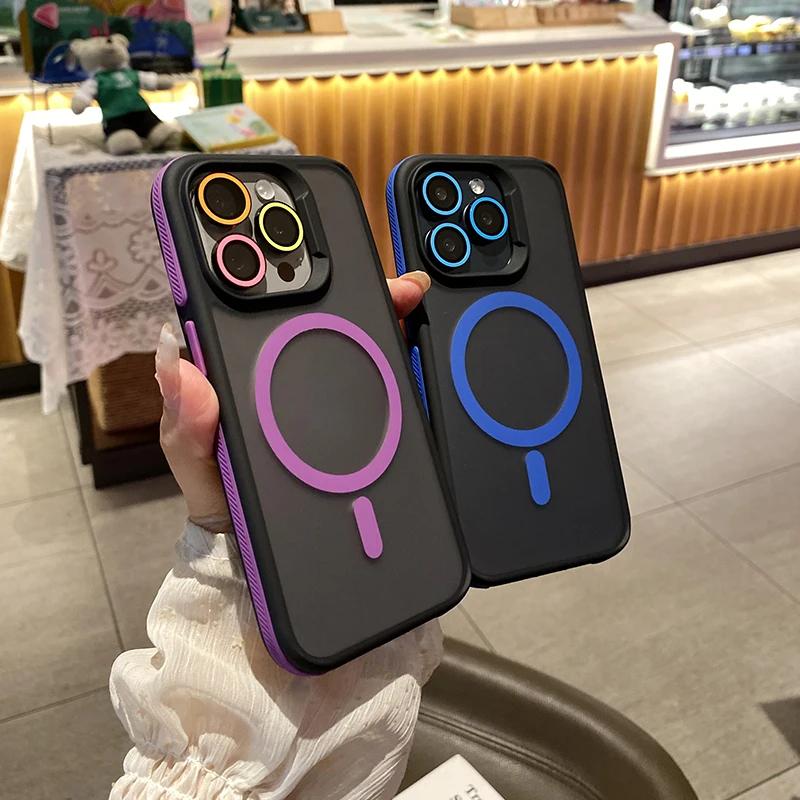 New Patchwork Color Phone Case For iPhone 16 15 14 13 12 11 Pro Max Plus Anti Slip Frosting Translucent Magsafe Magnetic Cover