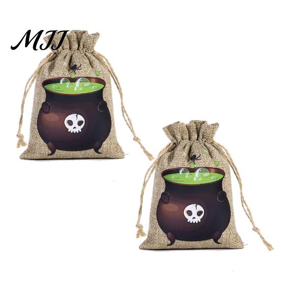 Pumpkin Theme Party Supplies 2PCS Halloween Drawstring Treat Bags, Cartoon Faux Linen Trick or Gift Pouches Sacks, Kids Candy Storage for Favors Cute