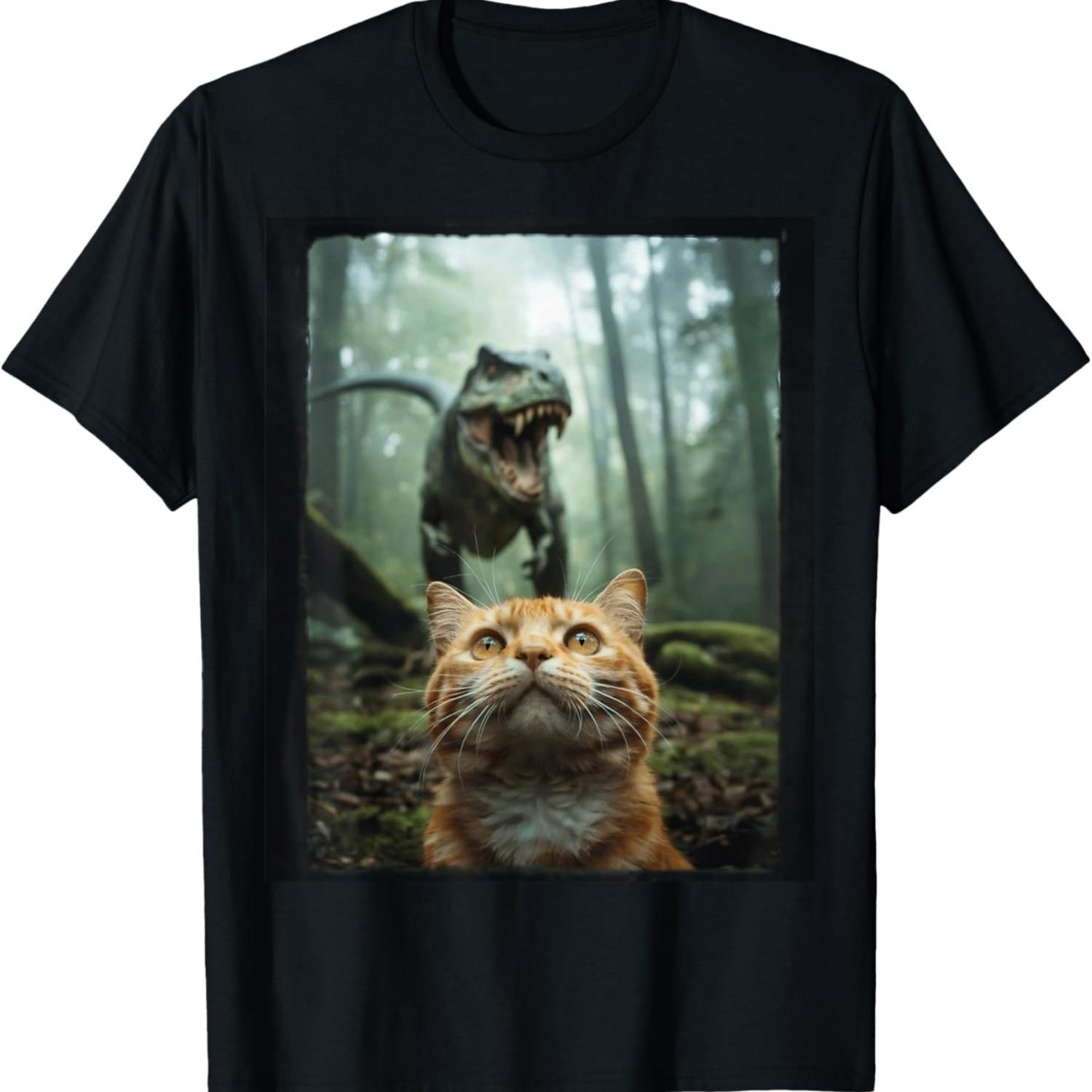 Funny Cat Selfie with T-Rex Dinosaur Meme Cat Meme Humorous T-Shirt S чёрный