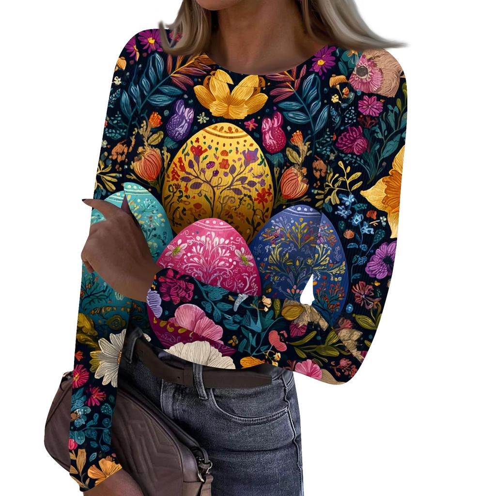 Women's Casual Fashion Round Neck Easter Print Long Sleeve Strip Top