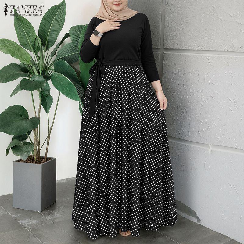 ZANZEA Women Casual Round Neck Long Sleeve Polka Dot Print Patchwork Retro Dress