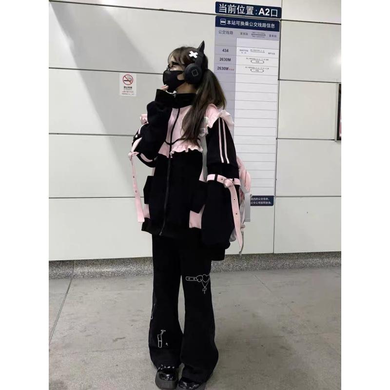 Women Japanese Sweet Coats Y2K Clothing Hoodie Tops Autumn Spring Color Match Splicing with Thick Velvet Cardigan Jackets