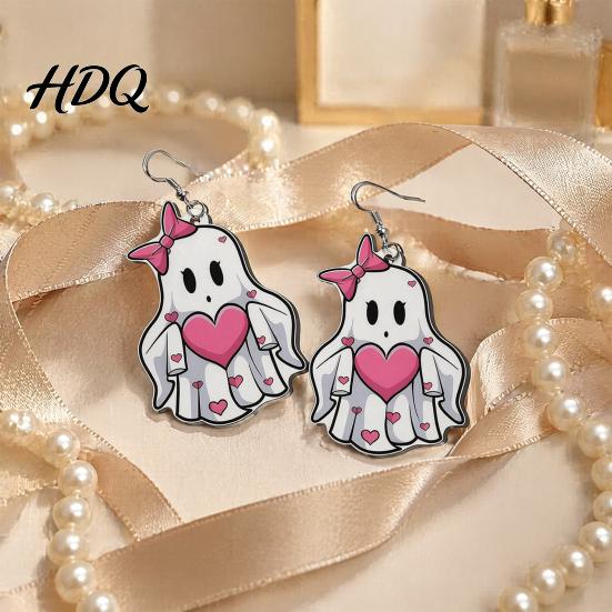 Cute Halloween Jewelry Pink Heart Ghost Earrings, with Bow Drop Non-oxidizing Earrings Lightweight Acrylic for Girls Women