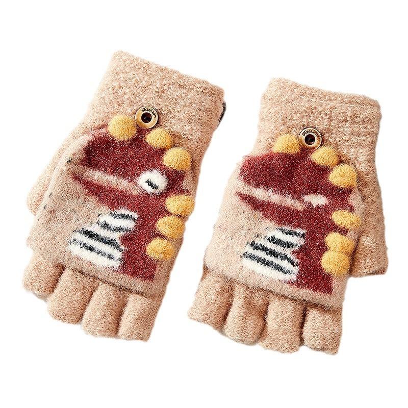 -Year-old Children's Cartoon Knitted Half-finger Flip Gloves Winter Warm Cute Dinosaur Boy Student Writing