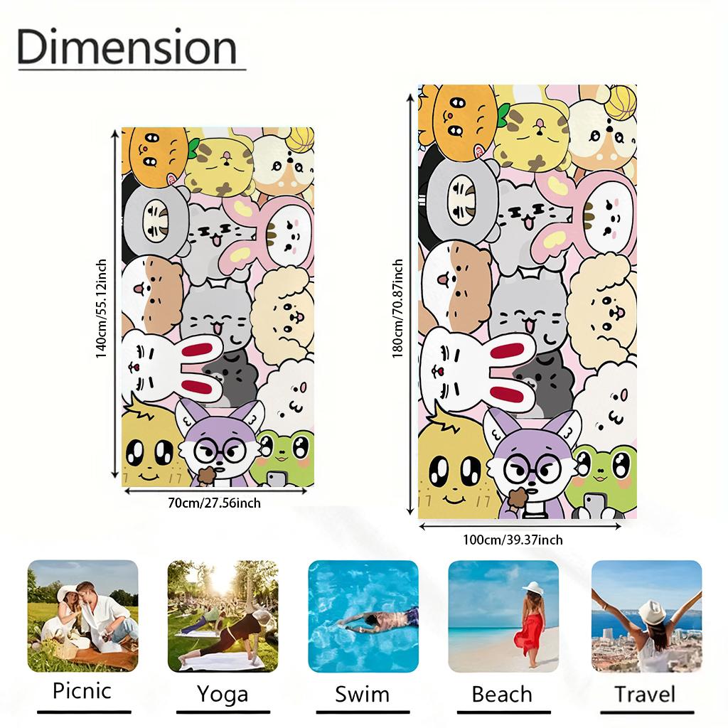 Kawaii kpop Animal Squad Beach Towel, Cute Cartoon Doodle Cats & Bunnies Quick-Dry Towel