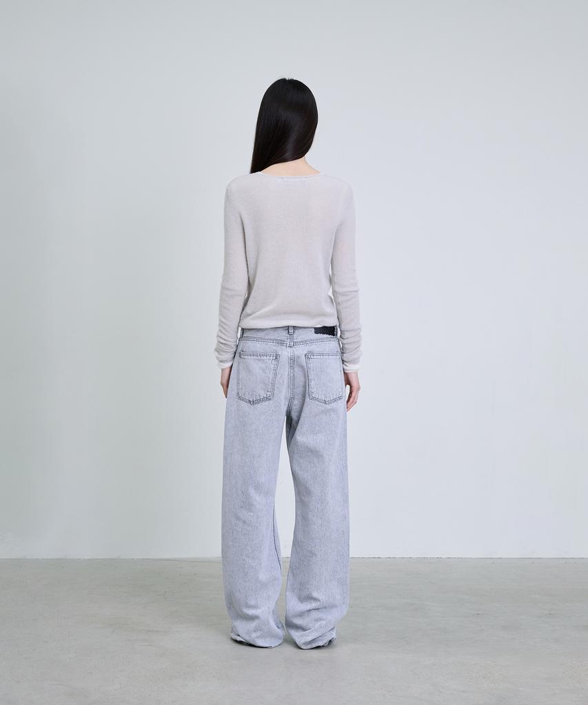 Deoaeteus Alpaca Wool Sheer Boatneck Pullover_Light Gray
