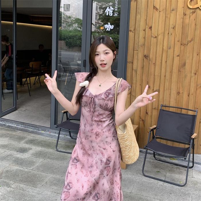 French butterfly print holiday dress summer ruffle edge waist design pure desire sexy temperament dress S