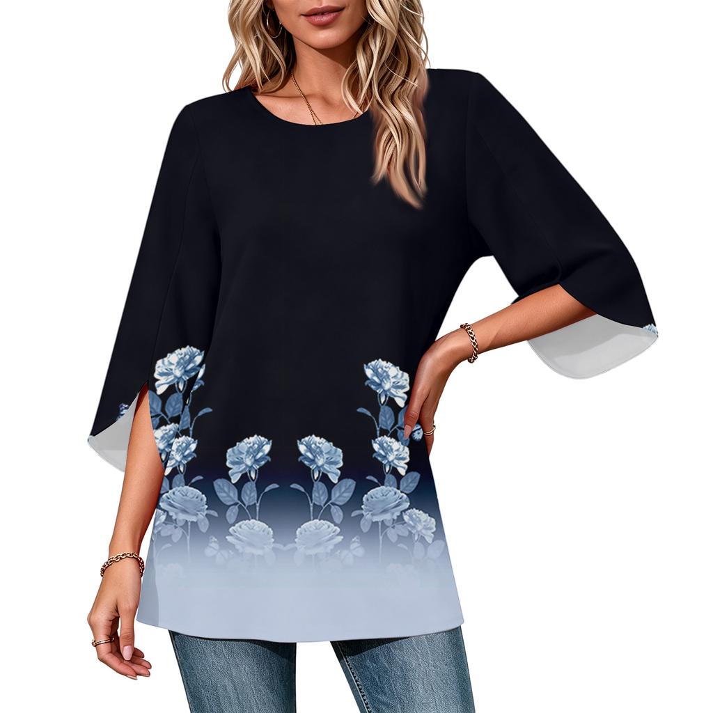 Women's Color Neck Three-Quarter Sleeve Casual Top