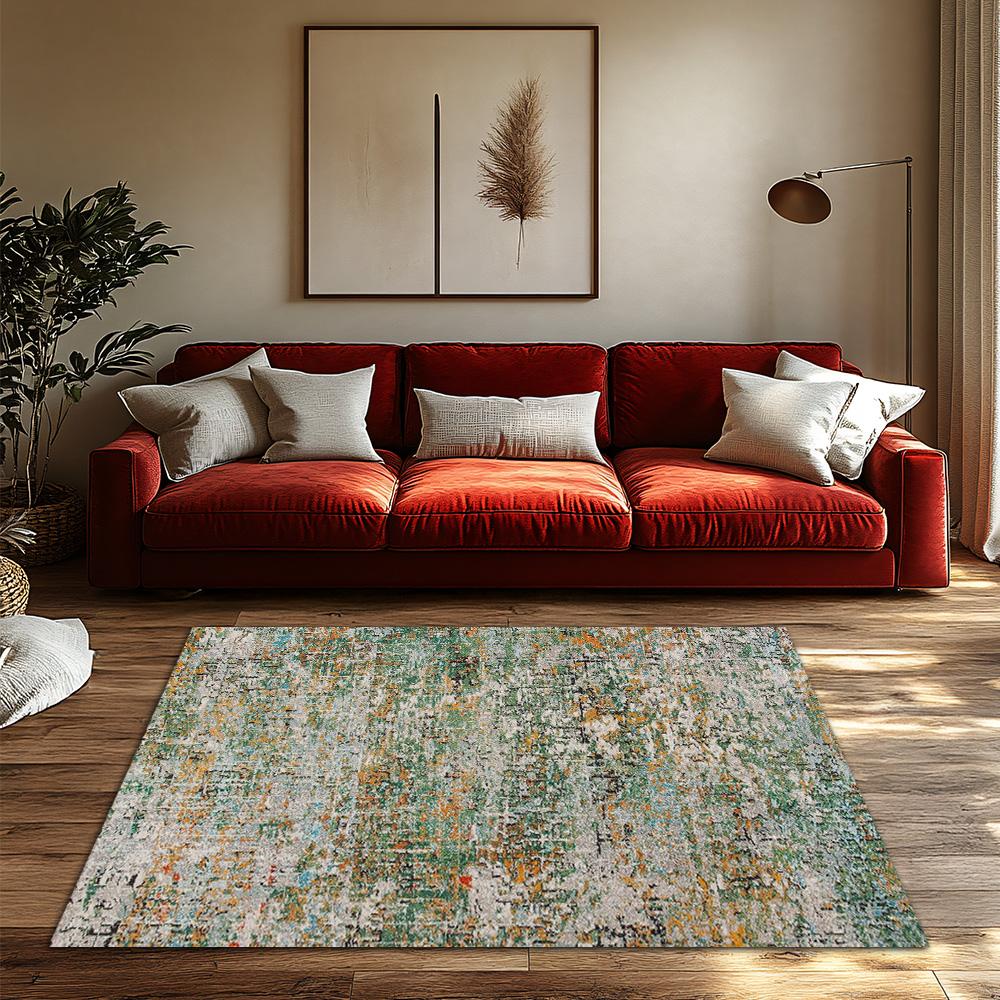 Green Bohemian Area Rug, Multicolor Geometric Pattern Non-Slip Carpet, Cozy Living Room Mat for Natural Home Decor