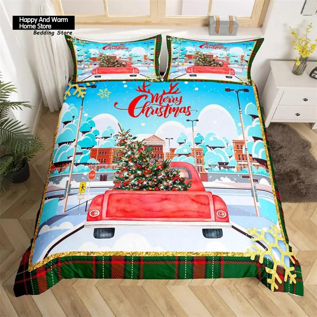 Christmas Tree Santa Claus Duvet Cover Twin King Queen Boys Christmas Bedding Set Polyester Botanical Racing Car Comforter Cover