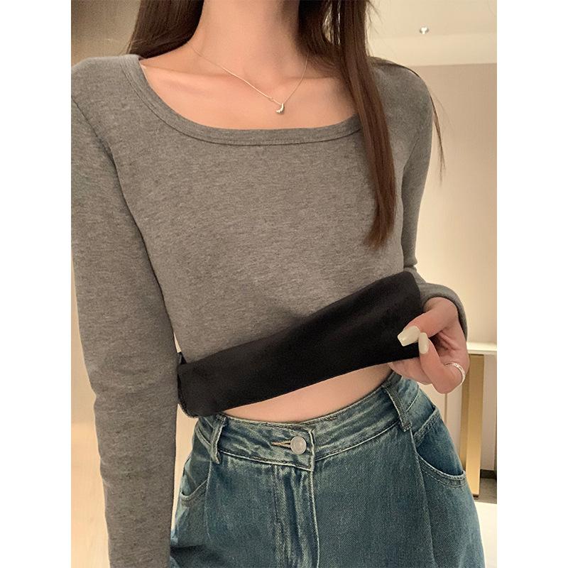 Apricot velvet thickened long-sleeved inner wear women's autumn and winter new square collar right shoulder slim bottoming shirt temperament top