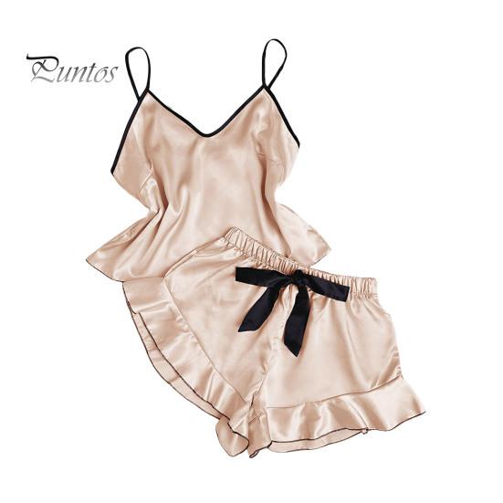 2 ks/sada Dámské pyžama Set saténový řemínek na špagety bez rukávů bez zad, výstřih do V.