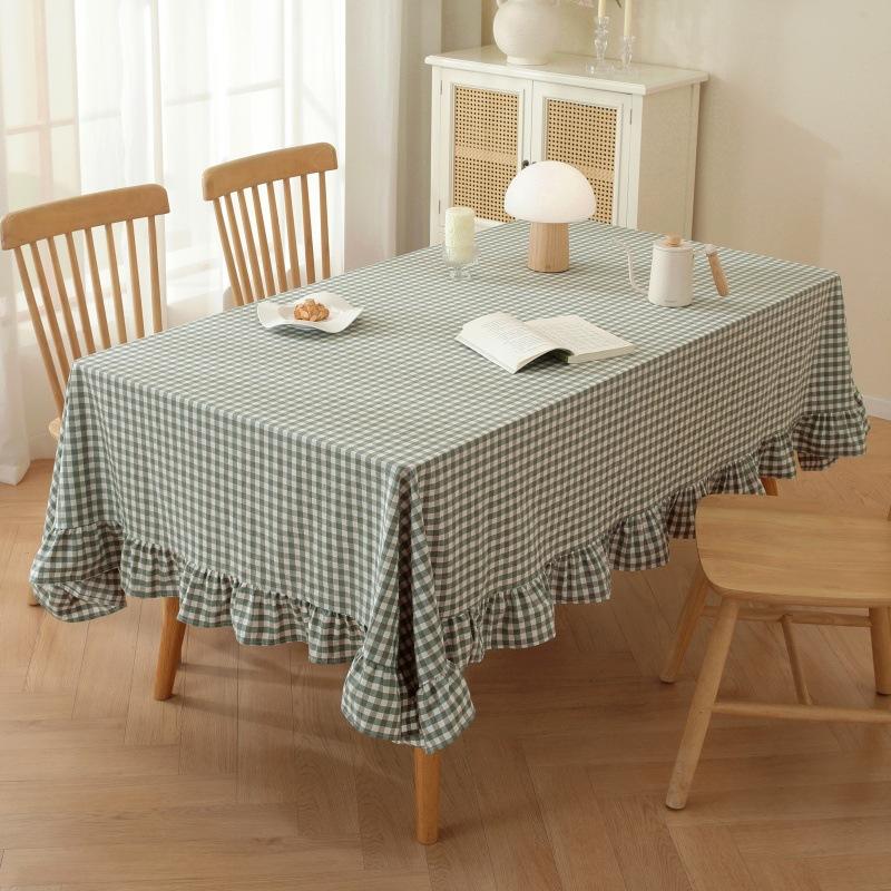 

Washed Cotton Plaid Tablecloth with Ruffle Edges Blue Round and Rectangular Table Cloth Cover for Home Kitchen Dining Decor 90x90CM