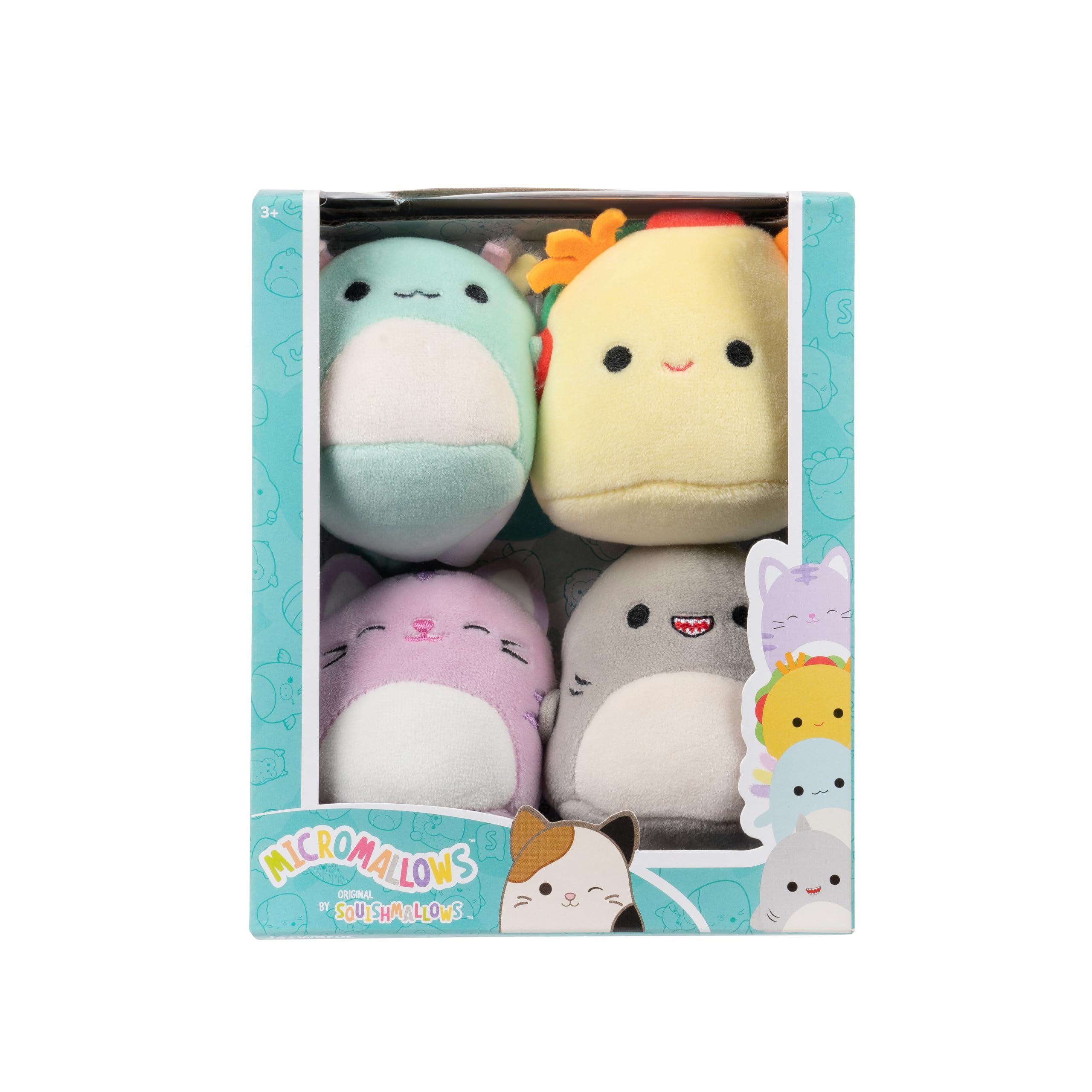 

Micromallows 4-Pack Squishmallows Original Irina Axolotl, Tabitha Cat, Tech Taco, and Gordon Shark