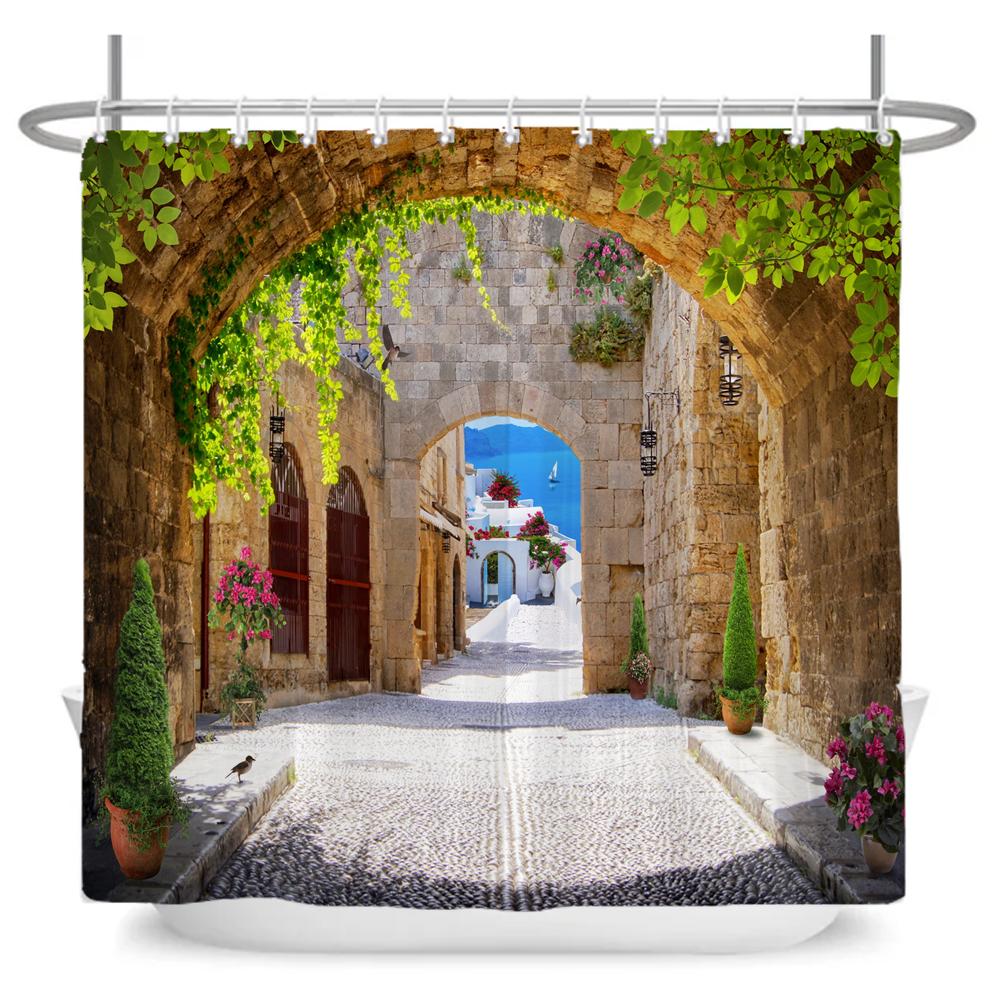 Beautiful Pastoral Garden Scenery Shower Curtain Rose Garden Flower Polyester Waterproof Bathroom Shower Curtain Decor Curtain