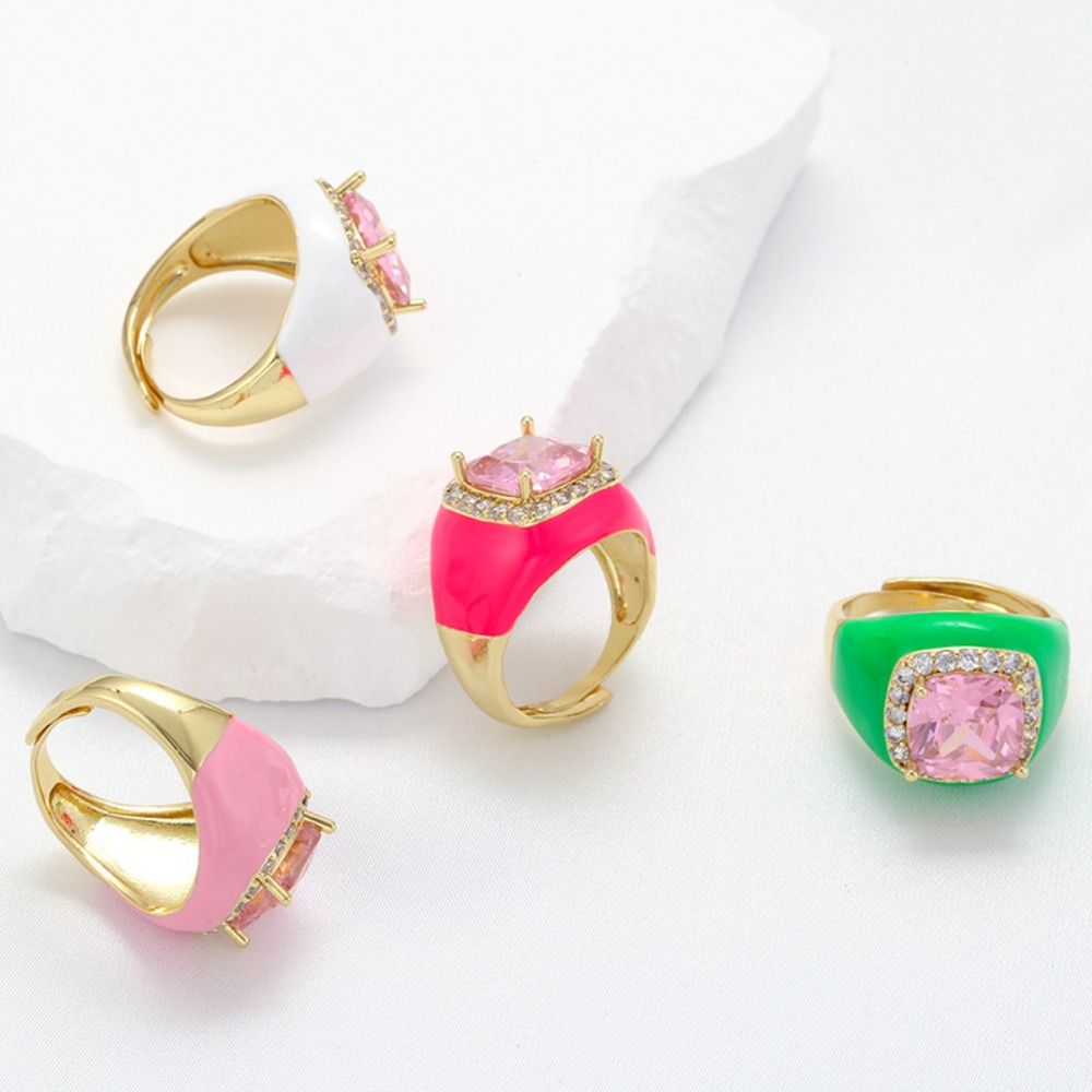 Adjustable Zircon Open Ring Multicolor Geometric Square Ring Enamel Dripping Oil Ring For Women