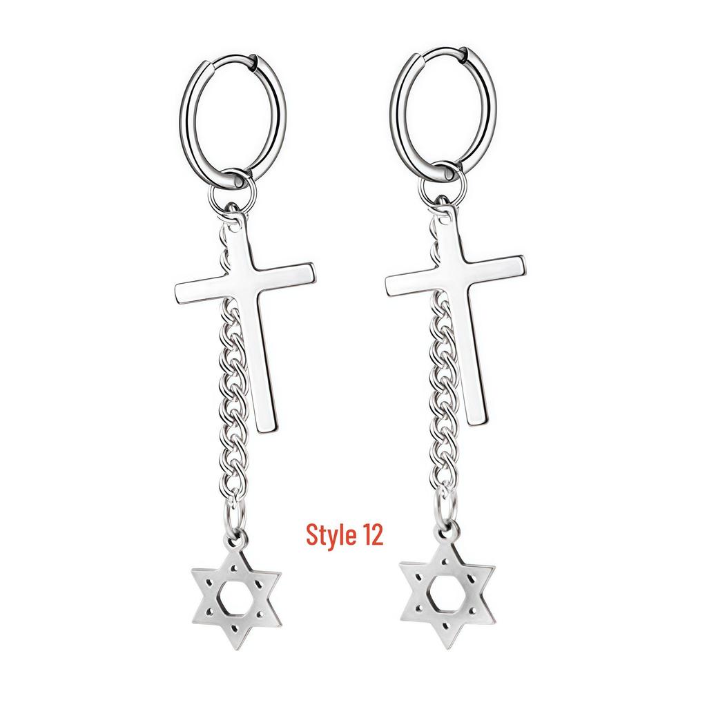 Korean Punk Black Titanium Steel Tassel Chain Cross Ear Clip Earrings