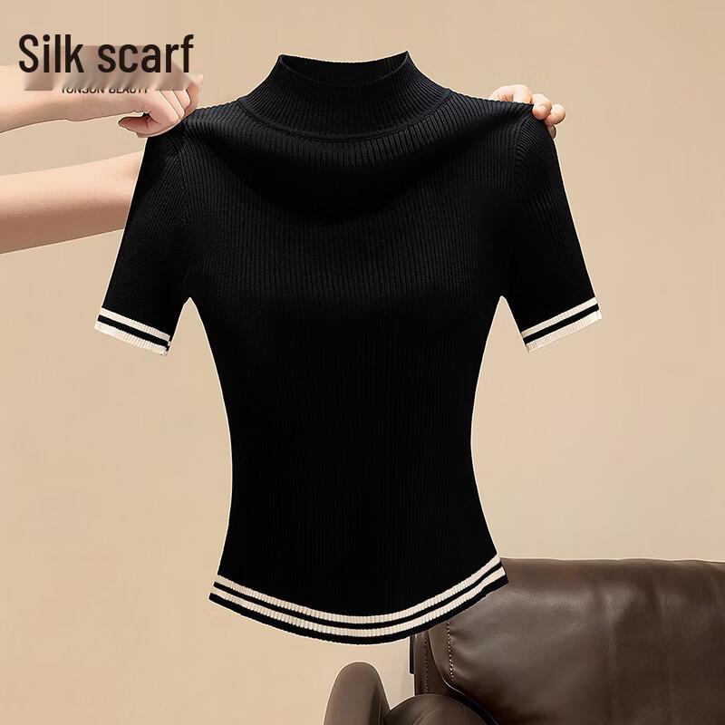 

Women s Color-Block Semi-High Collar Knit T-Shirt One Size