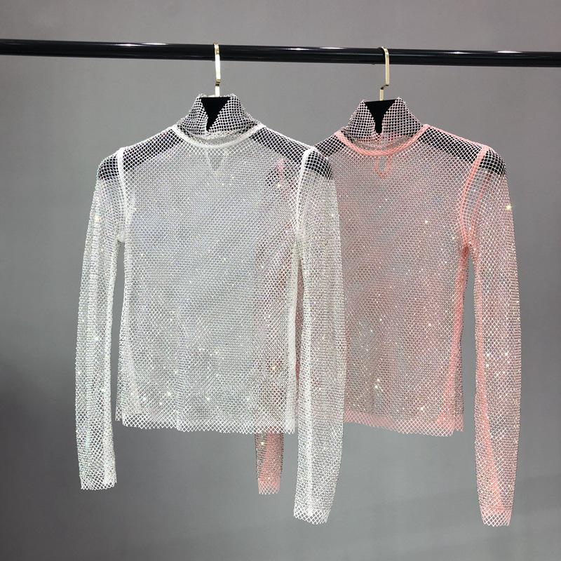 European & American Autumn/Winter Mesh Diamond High Collar Sexy Top - Versatile Fairy-Inspired Perspective Bottoming Shirt for Women