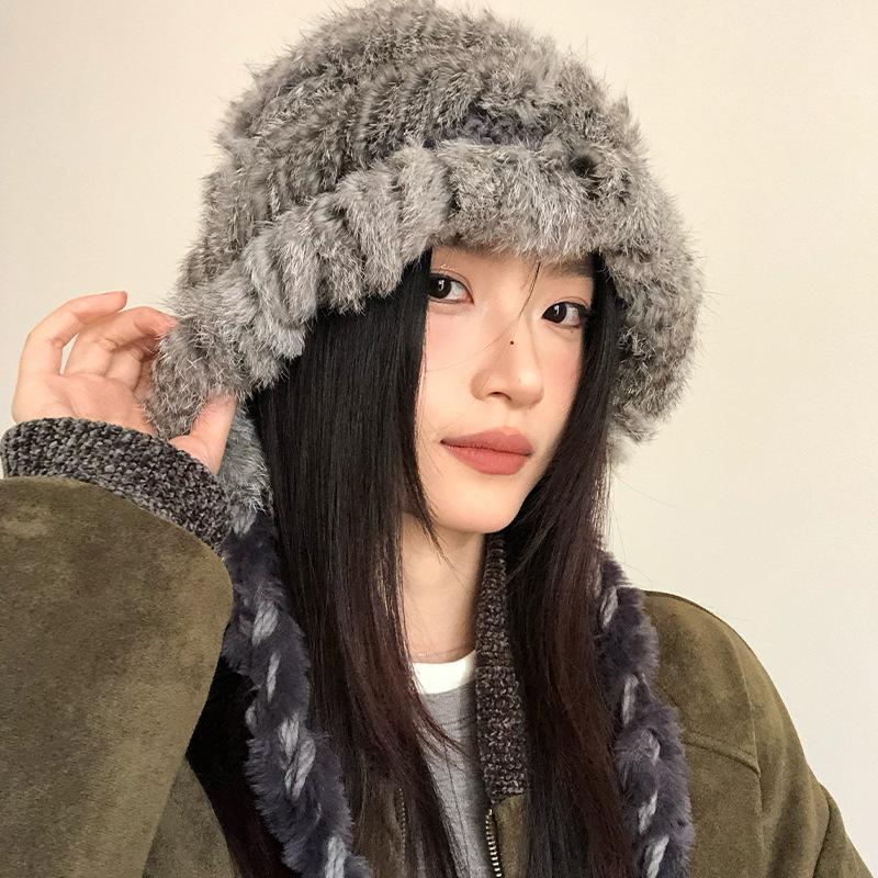 Rabbit Hair Blended Hat for Women In Autumn and Winter Thickened Warm Wool Hat Cold Protection Ears and Face Small Bag Head Hat Pullover Hat